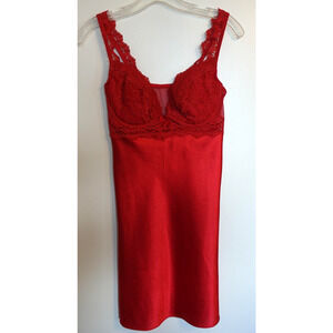 Red‎ Lace Satin Chemise Slip Womens Medium M Nightgown Lingerie Dress Padded Bra